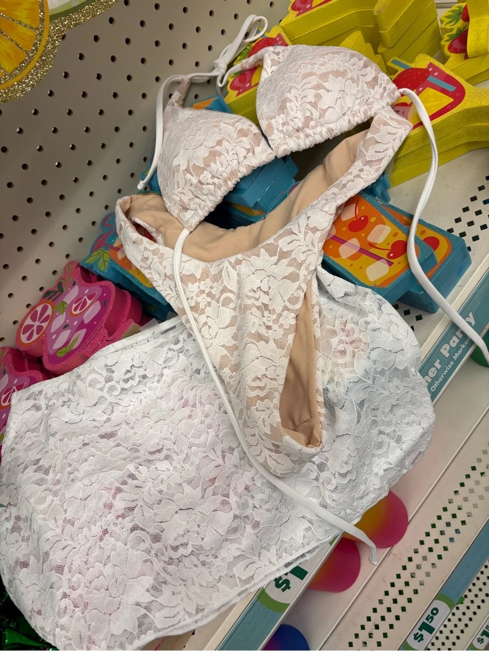 Lace Triangle Bikini Set in Cream - Women’s Swim Size L Coverup Skirt Included L